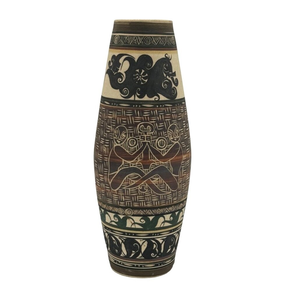Vtg Earthenware Pottery Tribal Vase Handmade Painted Etched Brown Malaysia 15.5"